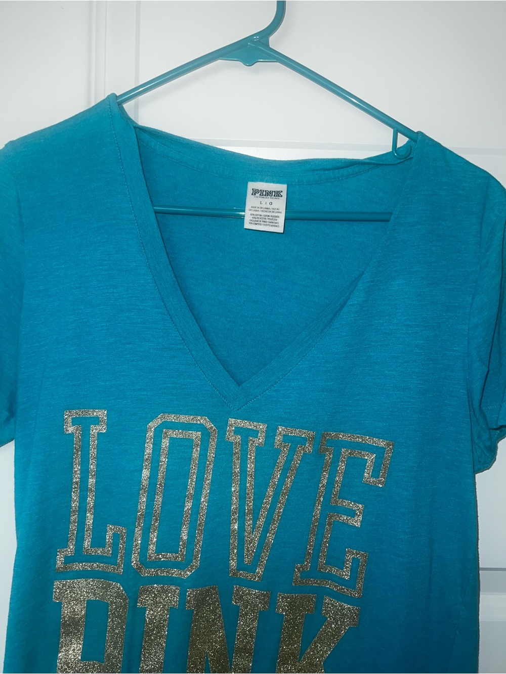 PINK Victoria's Secret Teal V-Neck Tee with Gold Glitter "LOVE PINK" - Picture 2 of 2